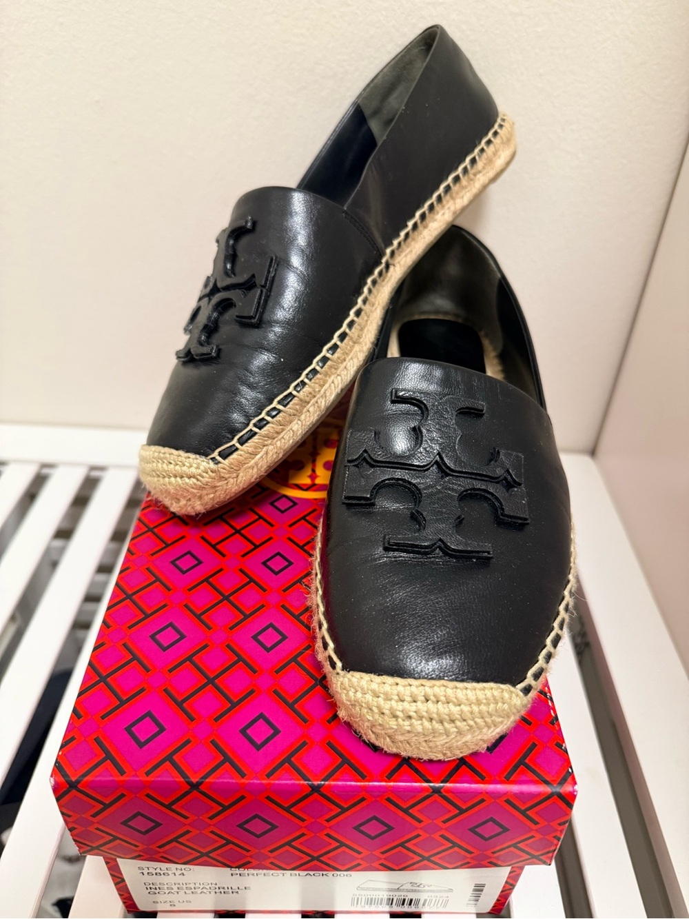 Tory Burch Black Leather Logo Espadrille Loafers with Natural Jute Trim